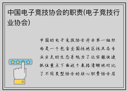 中国电子竞技协会的职责(电子竞技行业协会)